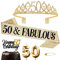 Jonvell 50.Geburtstag Schärpe und Tiara für Frauen Gold Geburtstag Schärpe und Krone Geburtstag Kerzen Kuchen Topper 50.Geburtstag Frauen Geschenke für 50.Geburtstagsparty Deko