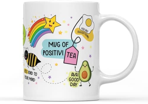 SMARTYPANTS Positivi-Tea Mug Tea Coffee Cup - Rainbow Cute Cartoon Avacado Pun Fun Daily Affirmation Positive Vibes Good Day Bee Kind Kitchen Decor Gifts Presents (White Handle)