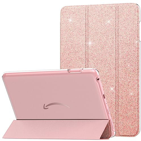 MoKo Case Fits Amazon Fire HD 8 & 8 Plus Tablet(12/10th Gen, 2024/2022/2020 Release) 8, PU Leather Trifold Stand Cover with Translucent Frosted Backshell with Auto Wake/Sleep, Glitter Light Pink
