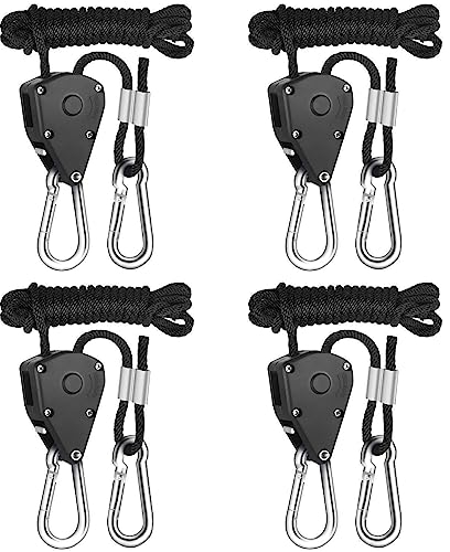 Amfrpar 4 Pezzi Cricchetto di Corda 1/8 Rope Ratchet Regolabili Corda a Cricchetto Ganci Cricchetti Pesanti con Ganci per Interno Pianta Crescere Lampada,Capacità di Carico 150 Libbre/Paio (Nero)
