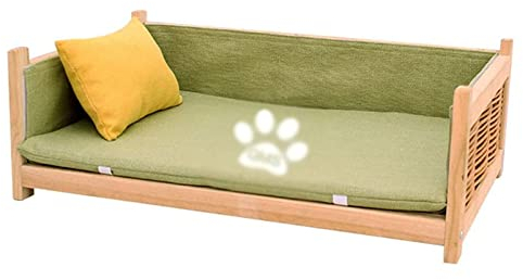 OQOPO Hundebett aus Holz Erhöhte Hundebetten aus Holz mit grüner Matratze, tragbares Haustierbett, Schlafsofa, Couch, Hundehütte für mittelgroße und kleine Katzen und Hunde Erhöhtes Hundebett