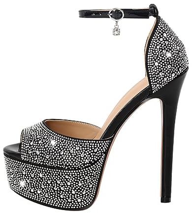 blingqueen Damen Peeptoe Sandalen Stiletto High Heels Plateau Glitzer Sandaletten Riemchensandalen mit Strass Schwarz 38 EU