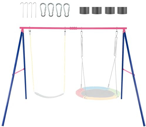 GYMAX Double Swing set, Metal Swing Frame with Ground Stakes, Indoor Outdoor Kids Swings set for Garden Playground, 300kg Weight Capacity (Only Pink Swing Frame)