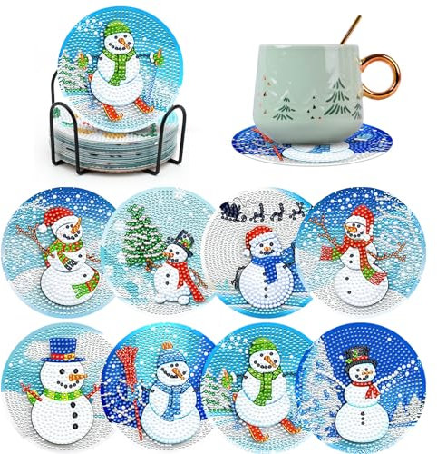 8 Pièce Dessous de Verre Peinture Diamant Noël Mosaïque Diamant Peinture Dessous de Verre en Support Bonhomme de Neige Strass Rond sous-Verres Art de Diamant pour Adultes Enfants Debutant Cadeau