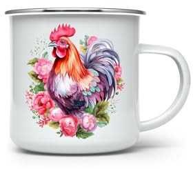 MAXIKIWI - Langlebiger Emaille-Kaffee- oder Teetasse für den Innen- und Außenbereich – Hühner – 350 ml