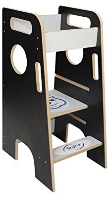 Skyline Steh und Lernturm Baby ab 1 Jahr Montessori Learning Tower Höhenverstellbar Tritthocker Kinder Indoor Möbel Kinderzimmer Trittschemel Kitchen Helper Hochstuhl Faltbarer (Schwarz/Weiß mit Bär)