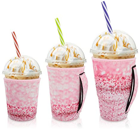 AJLTPA Iced Coffee Sleeve Insulator Sleeves for Cold Drinks Beverages, 3 Pack Reusable Neoprene Cup Sleeve with Handle for 16-32oz Coffee cups(Pink Glitter)