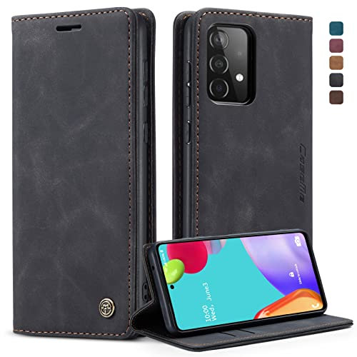 owlhold Handyhülle für Samsung Galaxy A52 5G/4G A52S 5G Hülle, Premium Lederhülle Weiches Vintage-Nubukleder Faltbare Ständer Klapphülle Kartenfach Standfunktion stoßfest Schutzhülle -Schwarz