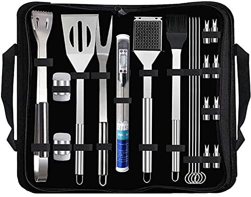 TGGOHIGH BBQ-Grill-Zubehör-Set, 20-teiliges BBQ-Grill-Werkzeug-Set, Edelstahl-Grill-Set mit Thermometer und Aufbewahrungstasche, komplettes Grillzubehör in tragbarer Tasche