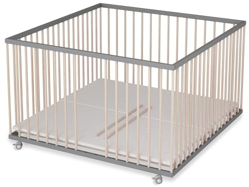 Sämann Laufstall Baby XXL 120x120 cm mit 3 Schlupfsprossen und Matratze | TÜV geprüft 2024 | stufenlos höhenverstellbar | Laufgitter Premium | Babybett aus Holz | Krabbelgitter grau/natur
