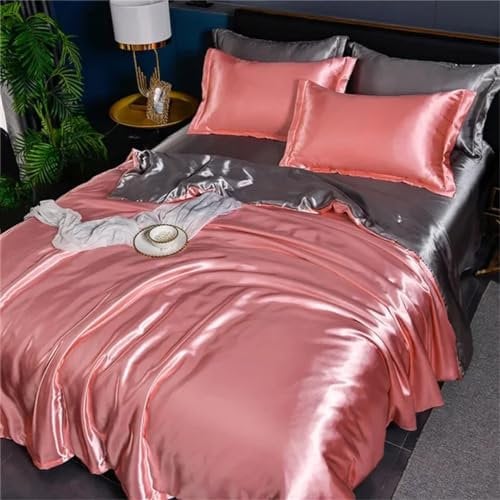 Parure de lit en soie de mûrier mélangée avec housse de couette, drap-housse, taie d'oreiller, parure de lit de luxe or rose argent drap plat #Queen size 4 pièces