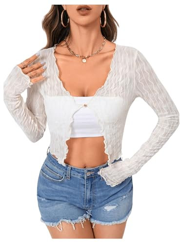 GORGLITTER Women's Mesh Open Front Crop Top Long Sleeve V Neck Frill Trim T Shirt Sheer Light Weight Cardigan Beige M