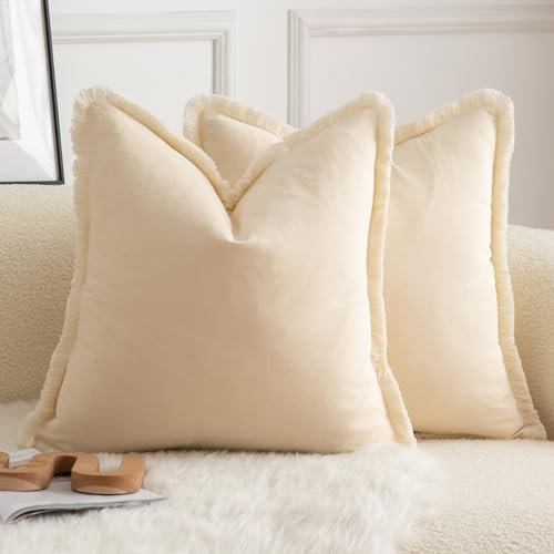 Mandioo 2er Set neutralen Baumwolle Quasten Kissenbezug 65x65cm Dekorative Kissenbezüge Dekokissen Boho Sofakissen Kissenhülle für Couch Sofa Schlafzimmer Wohnzimmer Heimdekoration Beige