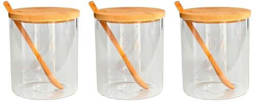 Acan Tradineur - Pack de 3 tarros de Vidrio borosilicato con Cuchara y Tapa de bambú, Bote, Frasco, Recipiente para Guardar azúcar, Sal, café, condimentos - 310 ml - 9,5 x 8,2 cm