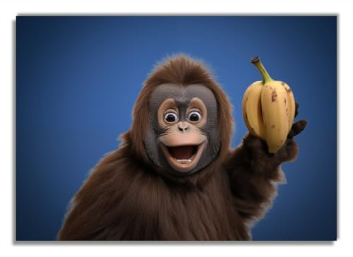 Wallario Glasbild Lustiger AFFE mit Bananen - 70 x 100 cm Wandbilder Glas in Premium-Qualität: Brillante Farben, freischwebende Optik