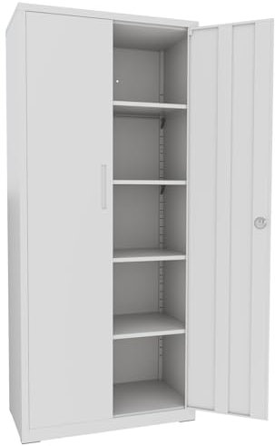 Armadio Armadietto In Metallo Multiuso A Doppia Anta Con 5 Ripiani Regolabili E Chiusura Con Doppia Chiave Mobiletto Per Documenti Strumenti Ufficio Garage Studio 180 x 80 x 40 Cm Grigio Chiaro