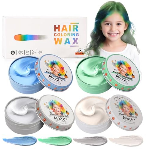 4 Piezas Tinte Temporal para Niños, Azul Verde Gris Plata Blanco, Coloración Instantánea, Cera para Cabello para Fiestas Cosplay