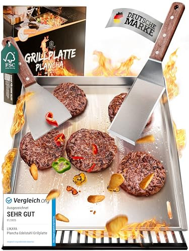 LIKAYA Plancha, piastra per barbecue in acciaio inox, 40 x 40 cm, in acciaio inox da 4 mm, con 2 spatole con manico in legno di acacia FSC, perfetta per smash hamburger, verdure e molto altro ancora