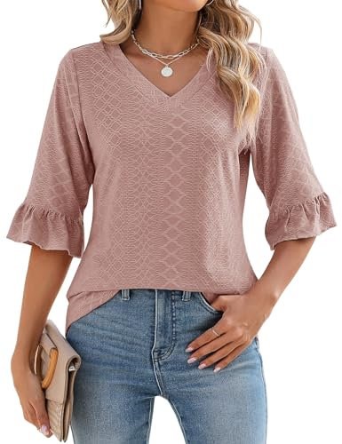 IECCP Womens Summer Tops,Ladies Tunic Tops 3/4 Sleeve Fashion Plain Office Work T Shirts Blouses Pink M