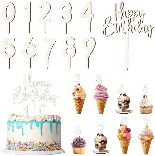 VIVIIHOO Cake Topper Geburtstag aus Holz mit Zahlen 0-9 - Happy Birthday Tortendeko für unvergessliche Geburtstagsfeiern und Hochzeiten