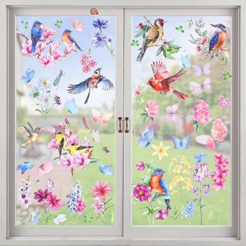 9 Blatt Fensterbilder Frühling Selbstklebend Fenster Aufkleber Blumen Vogel Schmetterling Fenster Abziehbilder Sticker Kinderzimmer Fenster Deko Aufkleber Party Dekoration