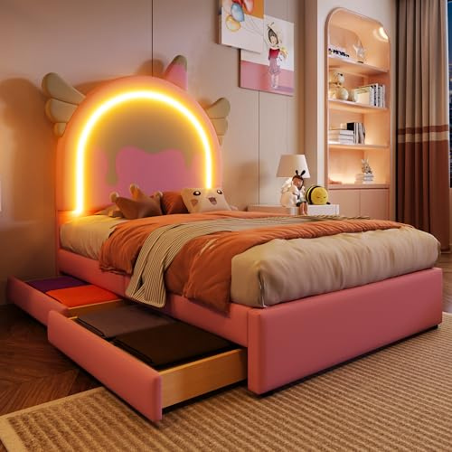Azkoeesy Letto imbottito per bambini 90x200 cm, con design cartoni unicorno, illuminazione a LED | 2 cassetti | Rivestimento in PU, Letto singolo per ragazza e adolescente, colore Rosa