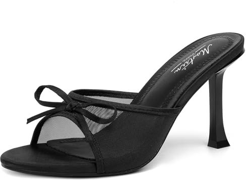 Mostrin Black Mesh Mules Heels with Bow Open Round Toe Stiletto High Heels for Women Dress Slip On Backless Heeled Sandals for Party Holiday Size 10