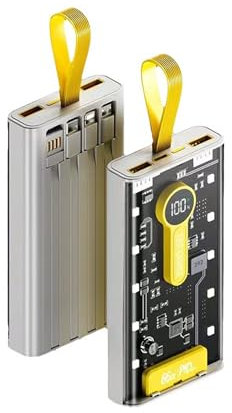 Cargador Portátil Transparente 20000 Mah Fuente De Alimentación Móvil Incorporado 4 Cables Viene con Luz Nocturna con Pantalla Digital (Blanco)