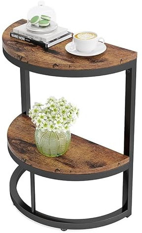 Modern 2 Tier Half Round End Table with Storage Shelf for Small Space Living Room Sofa Couch