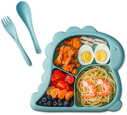 Plato dividido para niños pequeños con cucharas y tenedores para bebés, dinosaurio Plato infantil para diversificación alimentaria y autoalimentación, seguridad de microondas