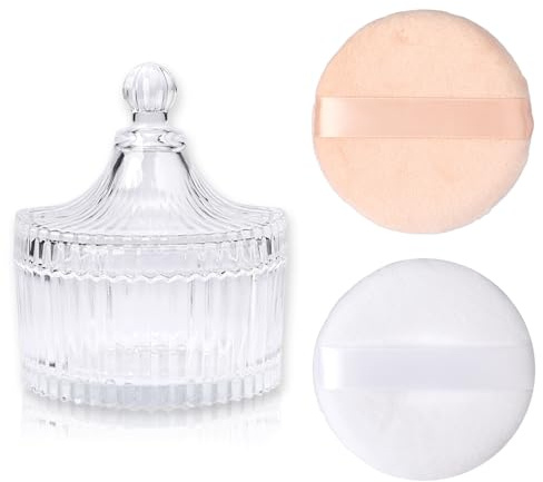 SUMTree Glass Body Powder Puffs and Container with Lid, 1 Pink 1 White Puff | Dusting Powder Container with 2 Puffs Washable and Reusable for Women Empty Talcum Box Container for Baby for Bathroom Vanity