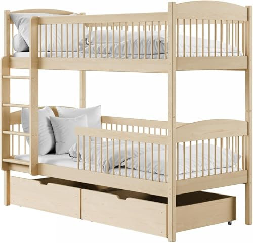 Kids Collective Hochbett Kinder, Etagenbett, Kinderbett | Massives Kiefernholz, 2 Schubladen, sicher & funktional | Größen: 80x180, 90x190, 90x200 cm | 90x200 cm von 4. bis 18. Lebensjahr | Natur