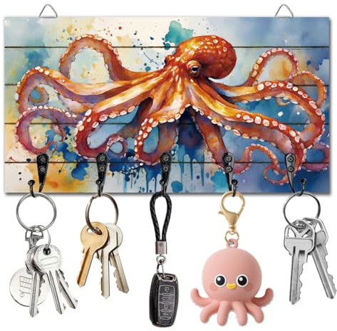 DELORIGIN Schlüsselhalter Mit Oktopus Motiv Zur Wandmontage Aus Holz Mit 5 Metallhaken Schlüsselaufbewahrung Organizer Für Wanddekoration Tür Eingangsbereich Küche Neues Zuhause Geschenk