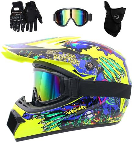 Gioventù Bambini MTB Casco Motocross Impostato, con Guanti Occhiali Mascherina, Unisex Integrali ATV Fuoristrada Strada Moto Caschi, Discesa Enduro Quad Dirt Bike Incidente Casco(Yellow,S/52-53CM)