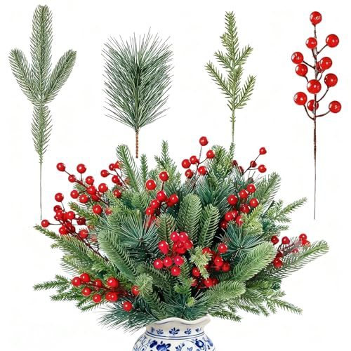 SPHERETRON 60 Stück Künstliche Kiefernzweige mit Rote Beeren Künstliche Pflanze Kunstpflanze Weihnachtsdeko Weihnachten Kiefernzweige Kiefernnadel Tannennadeln Deko Für DIY Kranz Girlande Handwerk (B)