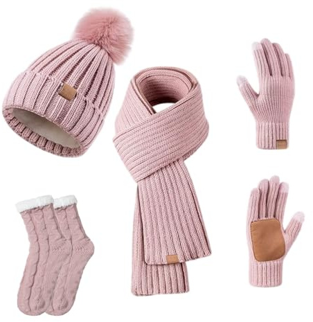ACESOME Schal und Mütze Set Damen, 4 in 1 Satz - Mütze Schal Touchscreen-Handschuhe Socken, Warm und Winddicht, Gestrickte Warmer Winteranzug (Rosa)