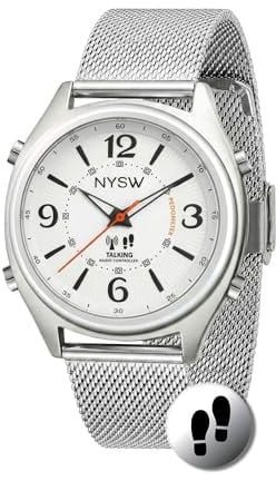 NYSW - Atomic Sprechende Herrenuhr mit Schrittzähler | Schrittzähler, Kalorien & Meilen | stellt sich selbst ein, immer genau, automatische DST | keine App, kein Bluetooth | für Sehbehinderte