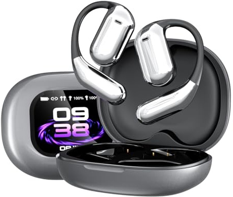 FIT TEK AI Open-Type True Wireless Übersetzer-Ohrhörer, YYK Q16 Pro, Echtzeit Zwei-Wege AI-Übersetzung, LCD-Touchscreen, ANC, Bluetooth 5.4, 40 Std. Akku, IPX5 Wasserfest, Silber-Grau