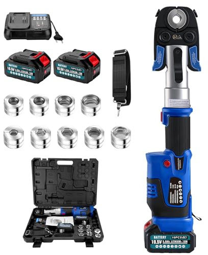 Set di utensili per pressatura di tubi con batteria da 18V con profilo V e TH, pinza elettrica in rame con profili V15-18-22-28 e TH16-20-26-32, 2 batterie da 5 Ah e caricabatterie rapido per tubi in