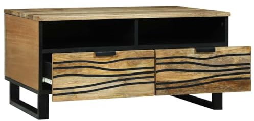 HGFDCBK Moderner Couchtisch aus Massivholz Akazie mit Schublade in Braun und Schwarz 80 x 54 x 40 cm