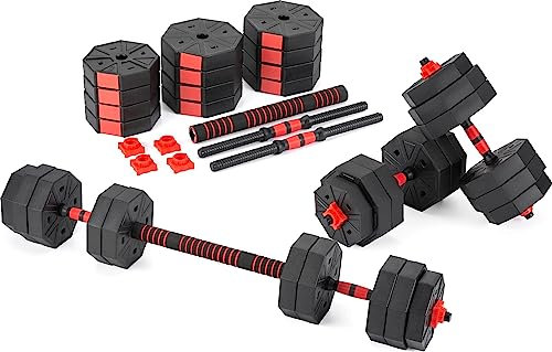 Gymtek Hanteln Set 2in1 Kurzhanteln und Langhantel, 2x15kg, Hanteln Verstellbar, Gewicht Krafttraining Zuhause, Kurzhanteln 2er Set und Langhantelstange, Gewichte Hantel, Home Gym, Sport, Fitness, Rot