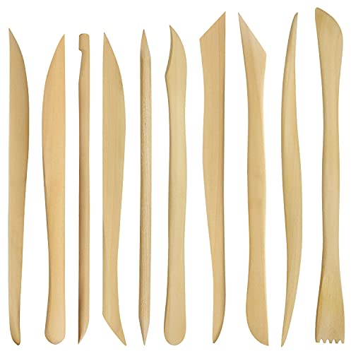 Kurtzy Strumenti per Modellare Argilla in Legno (10pz) - 14,4-16 cm - Utensili Argilla Polimerica e Ceramica - Attrezzi Scultura Argilla Doppia estremità per Intagliare, Modellare, Goffrare, Scolpire
