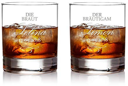 AMAVEL 2 Whiskygläser im Set mit Gravur zur Hochzeit, Motiv Braut und Bräutigam, Personalisiert mit Namen und Datum, Tumbler Whiskyglas als Hochzeitsgeschenk