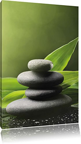 Pixxprint Zen Steine mit Blättern, Größe: 60x40cm, Leinwandbild, fertig gespannt, Wandbild, Dekoration, Kunstdruck, kein Poster