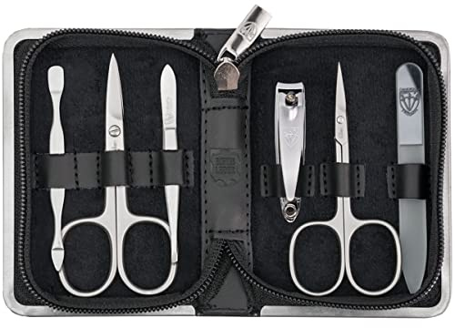 DREI SCHWERTER Germany Nagelpflegeset ´Ferrara` 6-tlg. Maniküre Pediküre, Maniküreset ECHT Leder schwarz| Inhalt: Nagelschere, Hautschere, Nagelknipser, Glasnagelfeile, Nagelreiniger, Pinzette