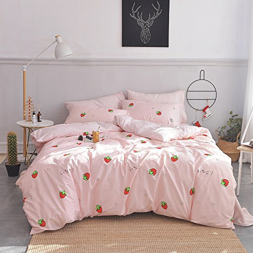 AOJIM Strawberry Kids and Adults Duvet Cover Queen Size, 100% Cotton Pink Anime Bedding Comforter Cover Set 3pcs with Zipper Closure, 1 Cute Soft Quilt Cover and 2 Pillowcases for Room Decor, No Duvet