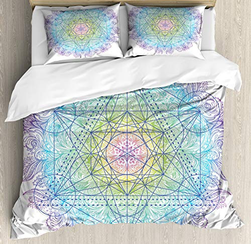 ABAKUHAUS Ethnisch Bettbezug Set Doppelbett, Metatron Würfel auf einem Mandala, Top Qualität Weich und Warm 3 Teiligen Bettbezug mit 2 Kissenbezüge, Mehrfarbig