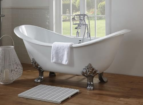 Casa Padrino Luxus Jugendstil Badewanne Weiß/Silber 180 x 77 x H. 79 cm - Gebogene freistehende Acryl Badewanne mit Löwenfüßen - Jugendstil Badezimmermöbel