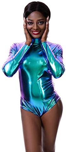 IWEMEK Damen Laser Metallic Langarm Ballett Tanz Trikot Leotard Glänzende Ballettanzug Ballettbody Tanzbody Lack Leder Bodysuit Wetlook Body Sport Gymnastik Turnanzug Top Kostüm Blau L
