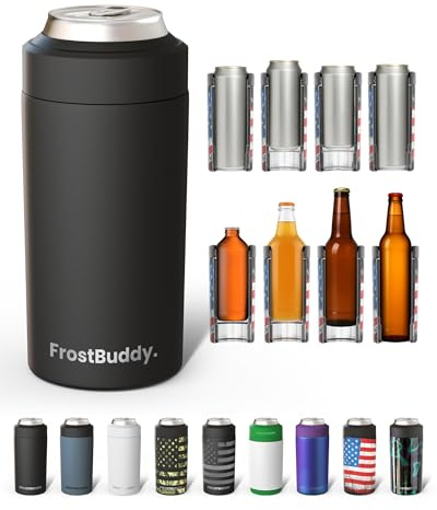 Frost Buddy Universal Can Cooler - Fits All - For Regular 12 & 16 oz or Slim-Size Bottles - Insulated Double-Walled Stainless Steel (MatteBlack)